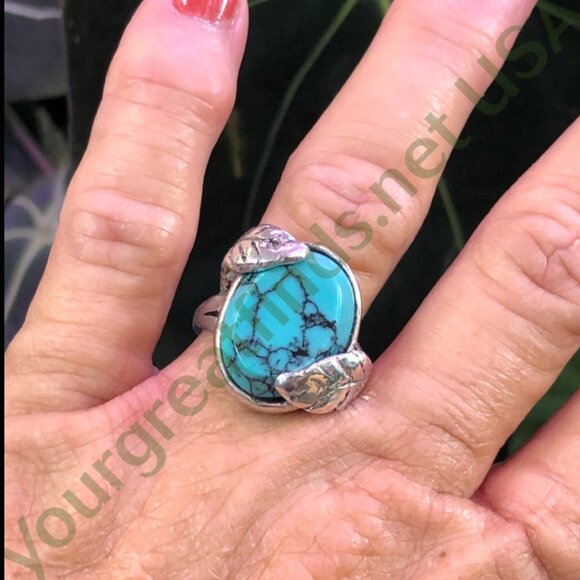 Sterling Silver Double Leaf Spider Web Turquoise Ring Size 10 - Picture 3 of 4